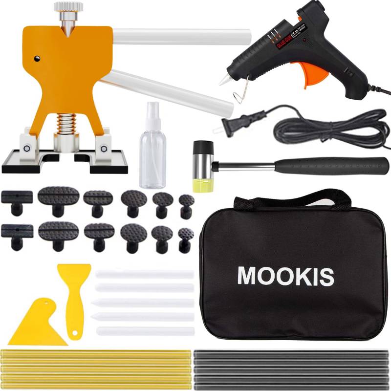 Mookis Dellen Reparaturset Auto Dent Removal, 34PCS Ausbeulwerkzeug mit Goldener Abzieher, Tragbare Tasche und Hammer für Reparatur von Karosseriebeulen von Mookis