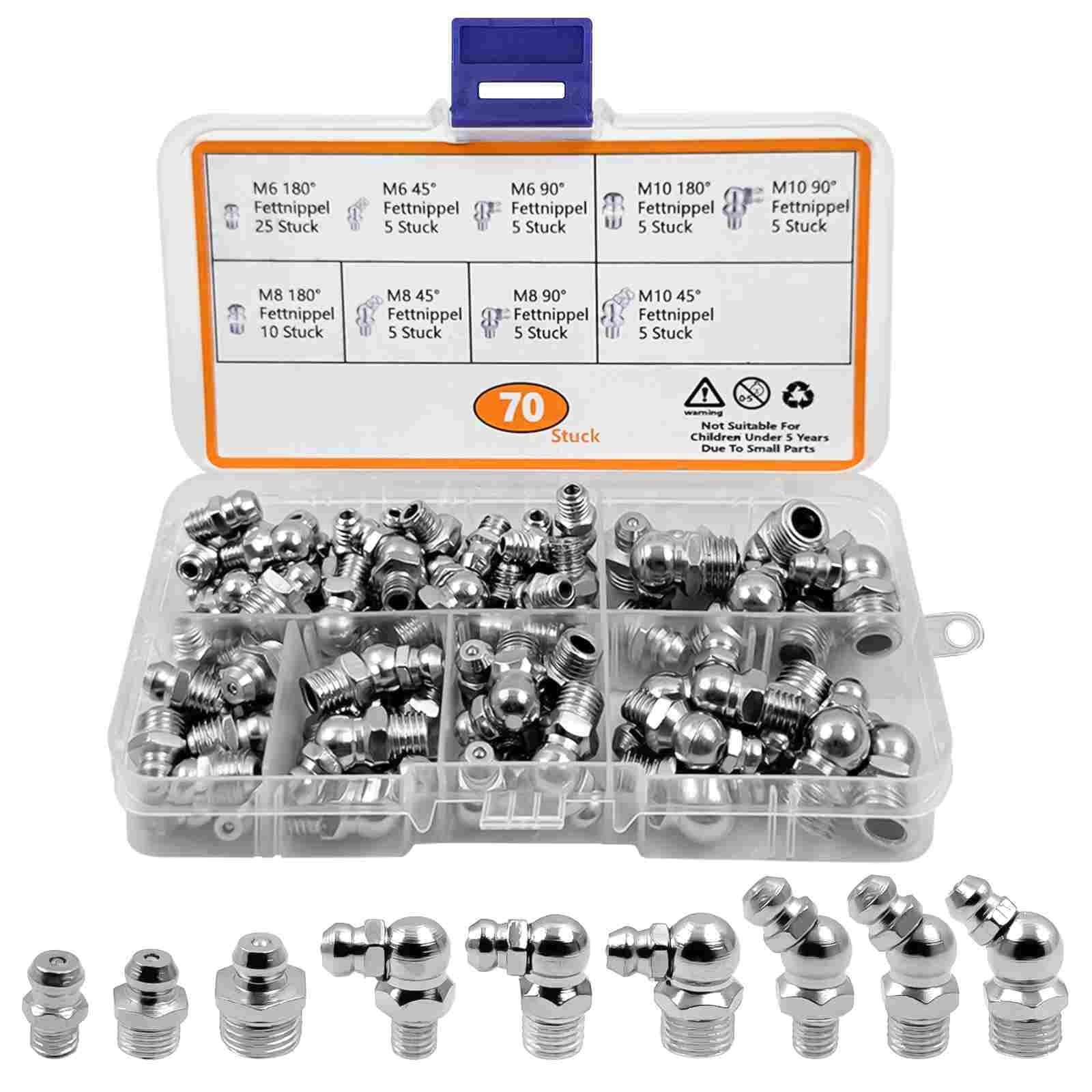 Mooshy 70 Stück Schmiernippel Sortiment, Schmiernippel M6 M8 M10 Gerade und Abgewinkelt 45° 90° 180° Kegelschmiernippel mit Aufbewahrungsbox Schmiernippel für Fettpresse Schmierpressen Mooshy 70 Stück Schmiernippel Sortiment, Schmiernippel M6 M8 M10 Gerade und Abgewinkelt 45° 90° 180° Kegelschmiernippel mit Aufbewahrungsbox Schmiernippel für Fettpresse Schmierpressen von Mooshy