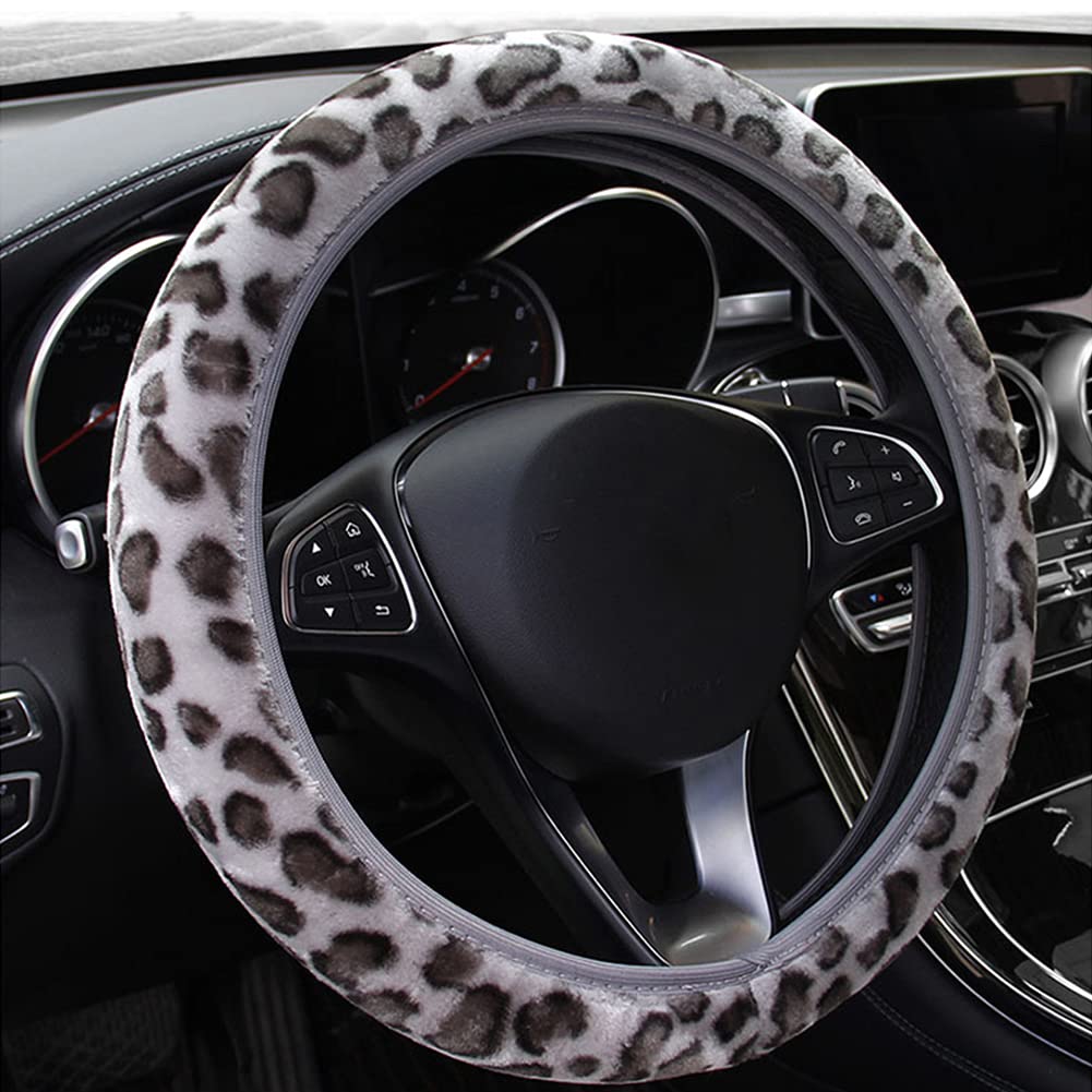 Leopard Lenkradbezug,MoreChioce Universal Auto Plüsch Lenkradhülle Winter Lenkradschoner Warm rutschfeste Lenkradbezug Teleskop Lenkradabdeckung Bequem Lenkradschutz für 14-15,5 Zoll Lenkrad,Grau von MoreChioce