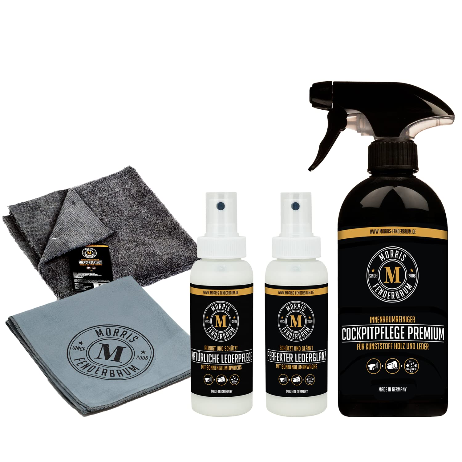 Morris Fenderbaum MF Profiset Cockpitpflege und Lederpflege - 1x 500 ml Cockpitpflege Premium 1x 100ml Natürliche Lederpflege, 1x 100ml Perfekter Lederglanz,1x Mikrofasertuch, 1x Lederpflegetuch Morris Fenderbaum MF Profiset Cockpitpflege und Lederpflege - 1x 500 ml Cockpitpflege Premium 1x 100ml Natürliche Lederpflege, 1x 100ml Perfekter Lederglanz,1x Mikrofasertuch, 1x Lederpflegetuch von Morris Fenderbaum