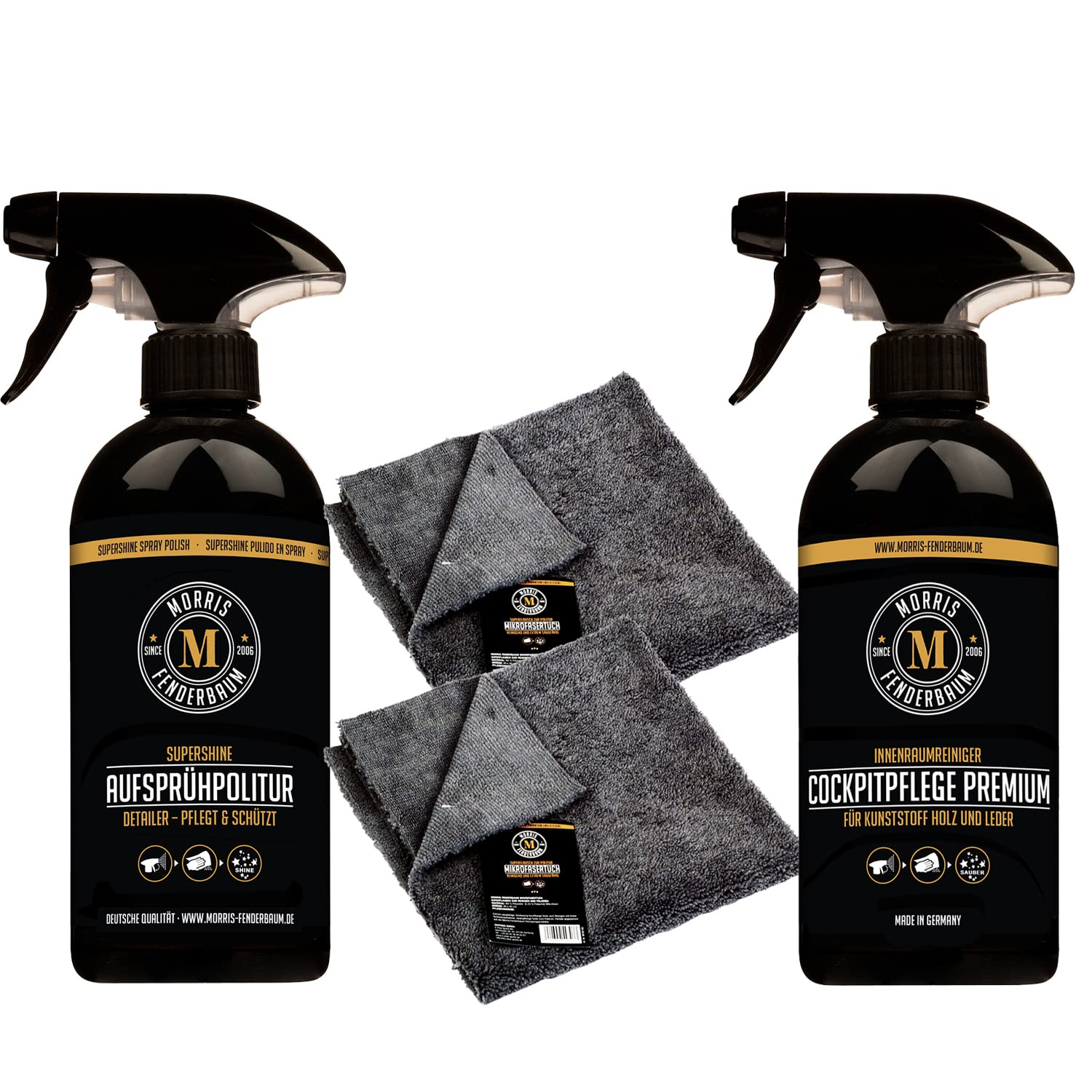 Morris Fenderbaum Profiset Supershine innen und außen - 1x 500 ml Cockpitpflege Premium, 1x 500 ml Aufsprühpolitur Supershine, 2 x Mikrofasertuch Superflausch Morris Fenderbaum Profiset Supershine innen und außen - 1x 500 ml Cockpitpflege Premium, 1x 500 ml Aufsprühpolitur Supershine, 2 x Mikrofasertuch Superflausch von Morris Fenderbaum