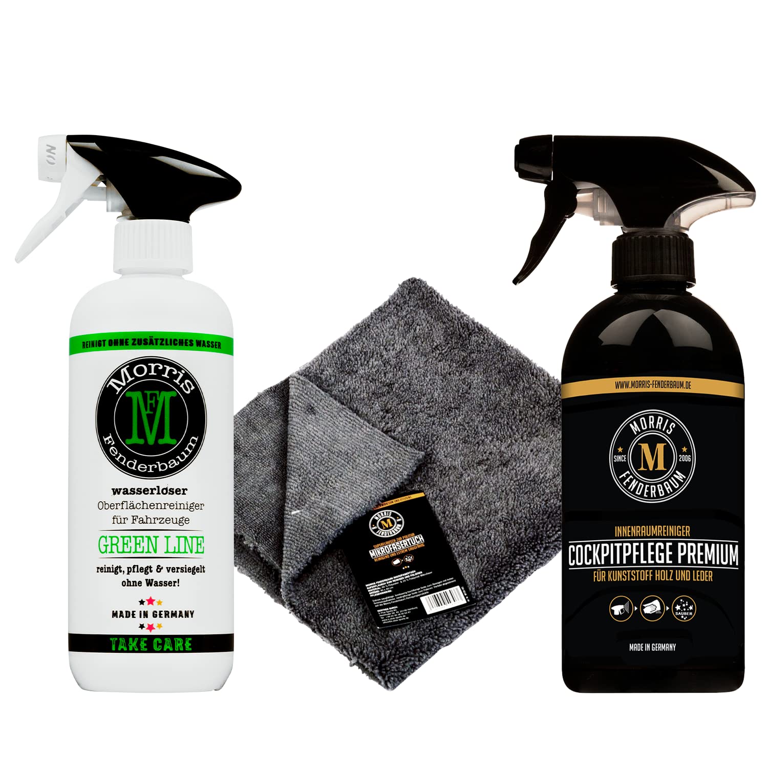 Morris Fenderbaum Sparset Fahrzeugpflege innen und außen Auto - Professionelle Autoreinigung - 1x 500 ml Green Line, 1x 500ml Cockpitpflege Premium, Sprühflasche, 1x Mikrofasertuch Superflausch Morris Fenderbaum Sparset Fahrzeugpflege innen und außen Auto - Professionelle Autoreinigung - 1x 500 ml Green Line, 1x 500ml Cockpitpflege Premium, Sprühflasche, 1x Mikrofasertuch Superflausch von Morris Fenderbaum