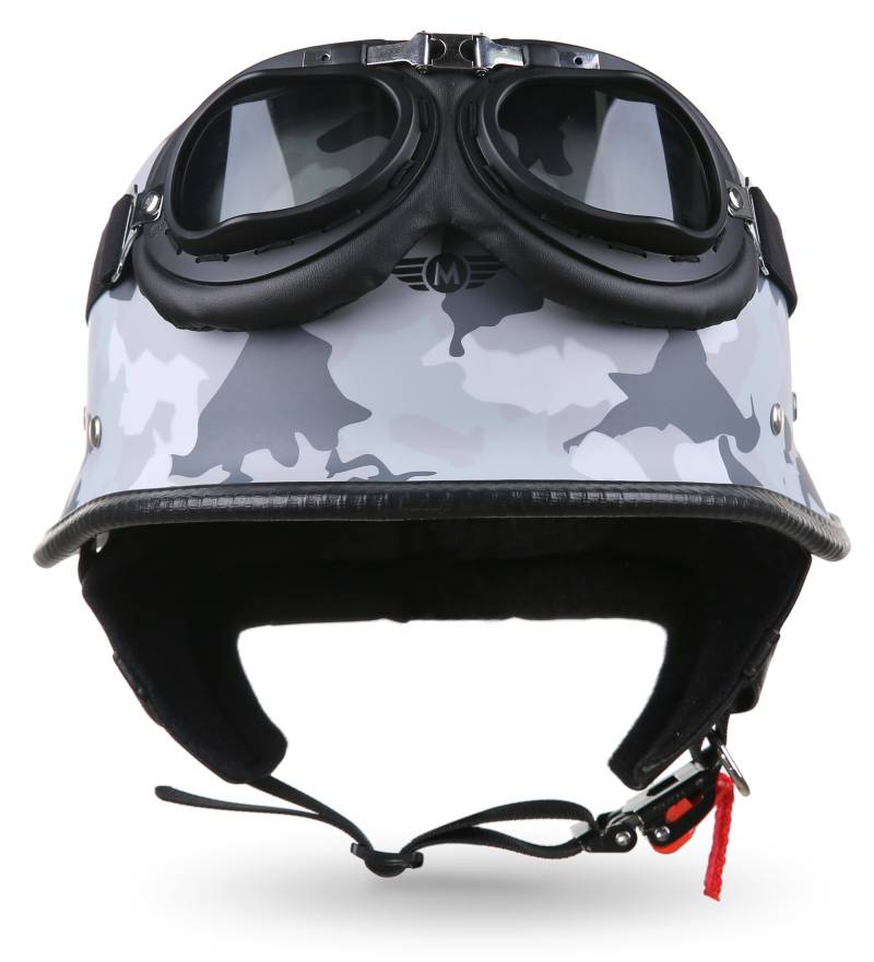 MOTO Helmets® D33-Set „Army Snow“ · Brain-Cap · Halbschale Jet-Helm Motorrad-Helm Roller-Helm Scooter-Helm Bobber Mofa-Helm Chopper Retro Cruiser Vintage Pilot Biker Helmet Brille Visier · S (55-56cm) von Moto Helmets