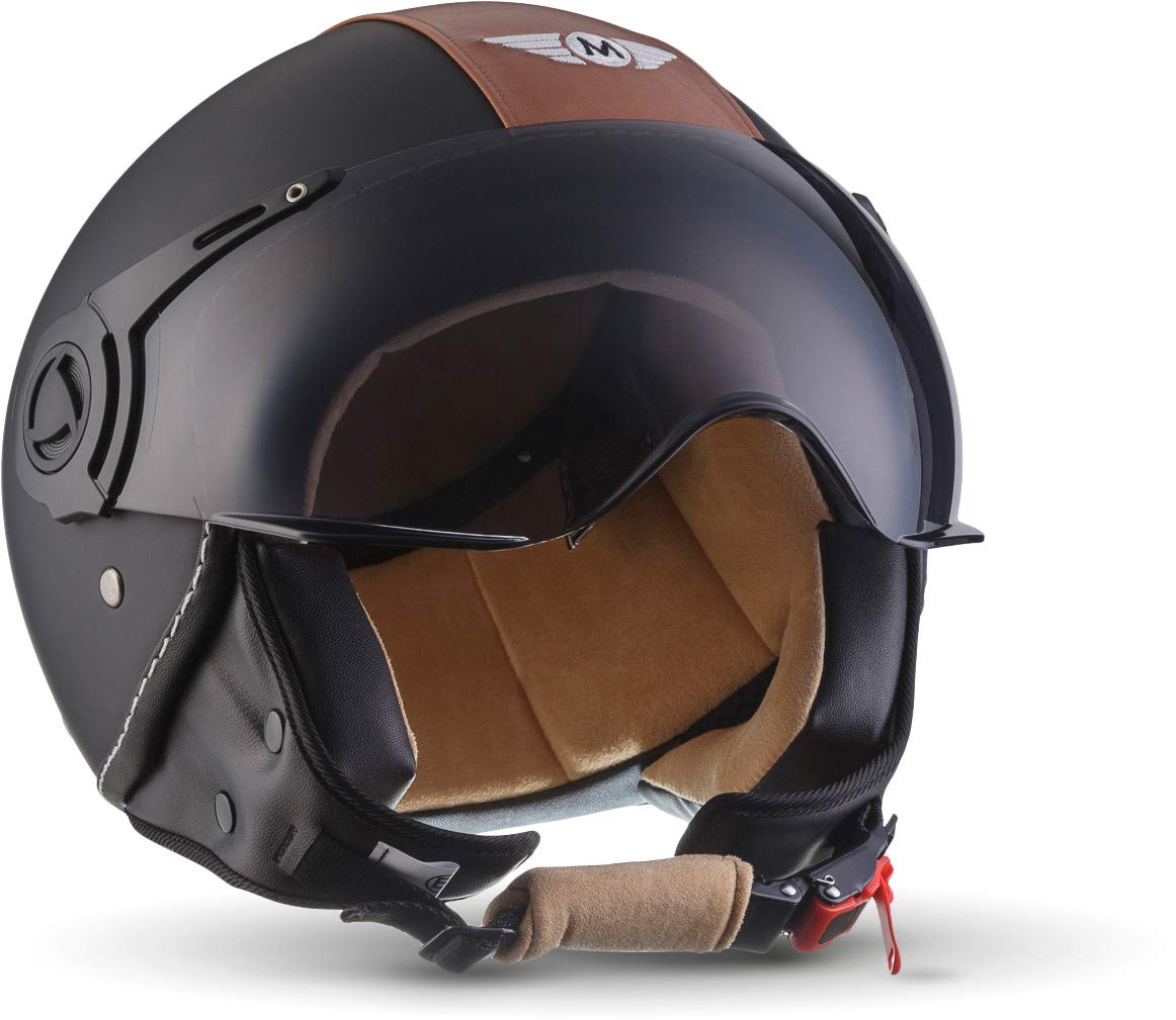Moto Helmets® H44 „Vintage Black“ · Jet-Helm · Motorrad-Helm Roller-Helm Scooter-Helm Bobber Mofa-Helm Chopper Retro Cruiser Vintage Pilot Biker · ECE Visier Schnellverschluss Tasche S (55-56cm) von Moto Helmets