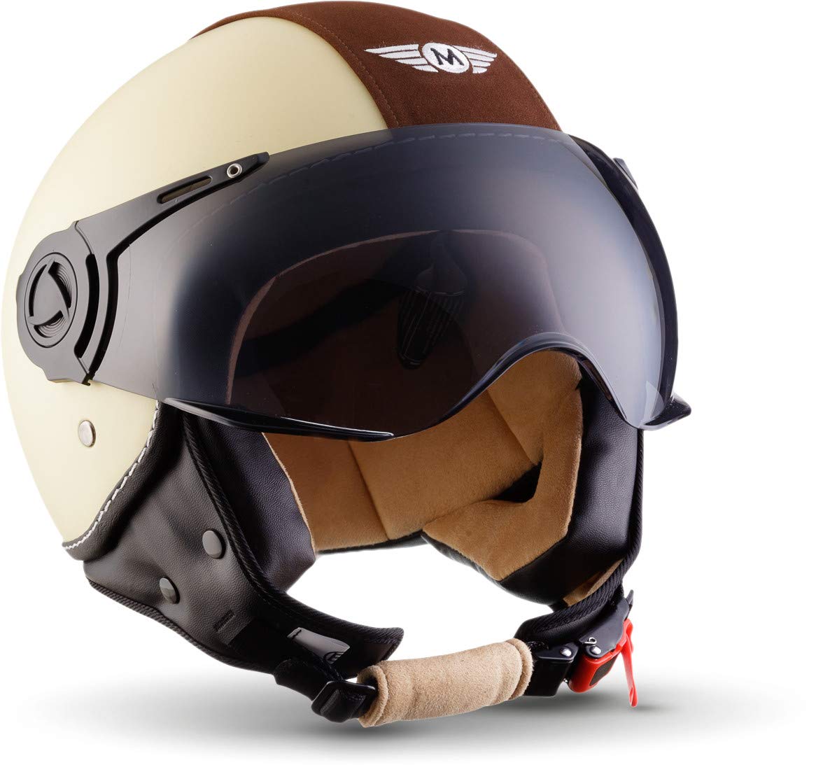 MOTO Helmets® H44 „Vintage Creme“ · Jet-Helm · Motorrad-Helm Roller-Helm Scooter-Helm Bobber Mofa-Helm Chopper Retro Cruiser Vintage Pilot Biker · ECE Visier Schnellverschluss Tasche S (55-56cm) von Moto Helmets