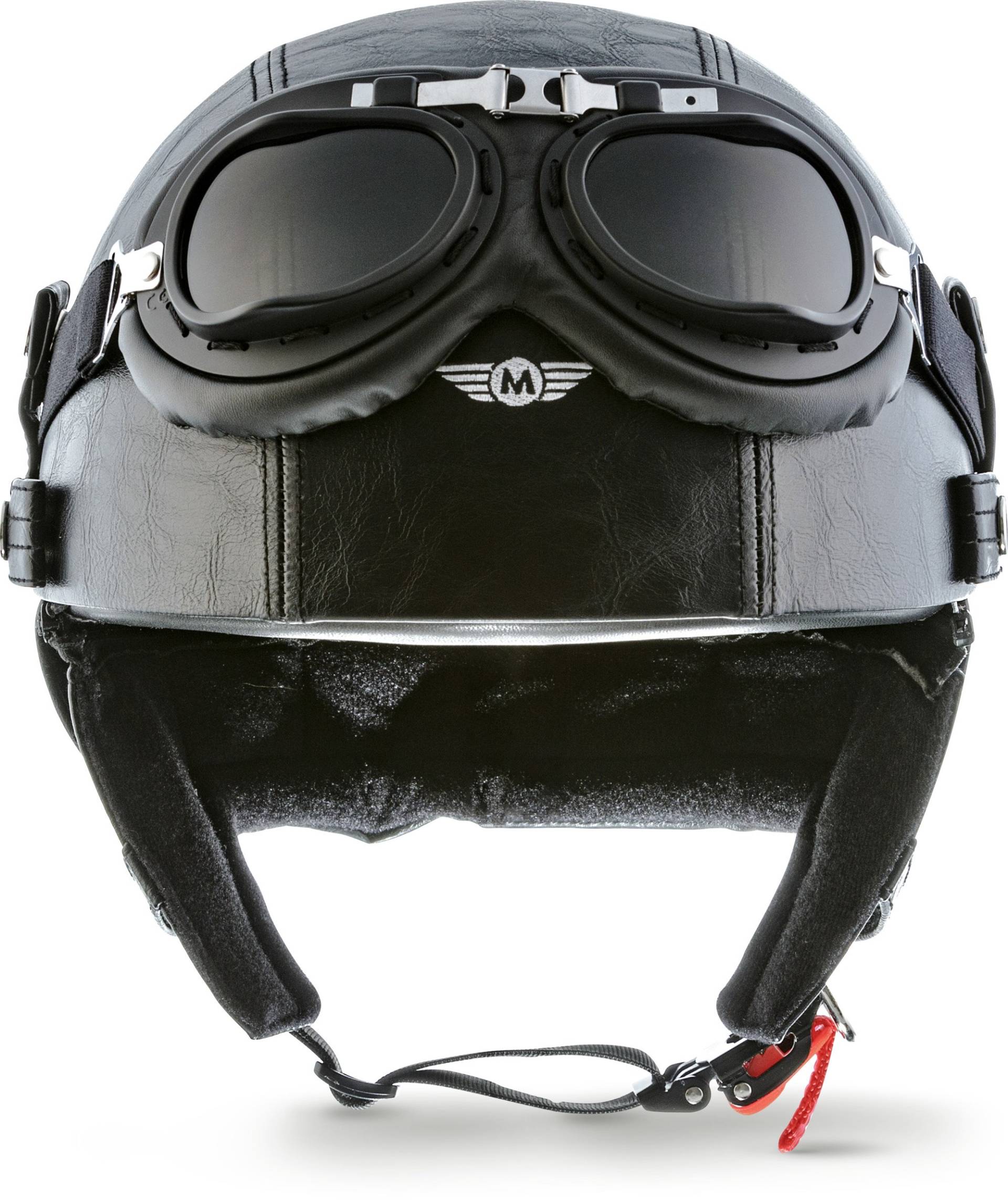 Moto Helmets® D22-Set „Leather Black“ · Brain-Cap · Halbschale Jet-Helm Motorrad-Helm Roller-Helm Scooter-Helm Bobber Mofa-Helm Chopper Retro Cruiser Vintage Pilot Biker Helmet Brille · M (57-58cm) von Moto Helmets