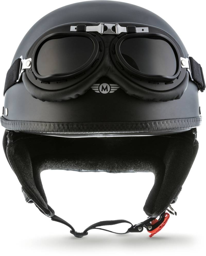 Moto Helmets® D22-Set „Matt Black“ · Brain-Cap · Halbschale Jet-Helm Motorrad-Helm Roller-Helm Scooter-Helm Bobber Mofa-Helm Chopper Retro Cruiser Vintage Pilot Biker Helmet Brille · M (57-58cm) von Moto Helmets