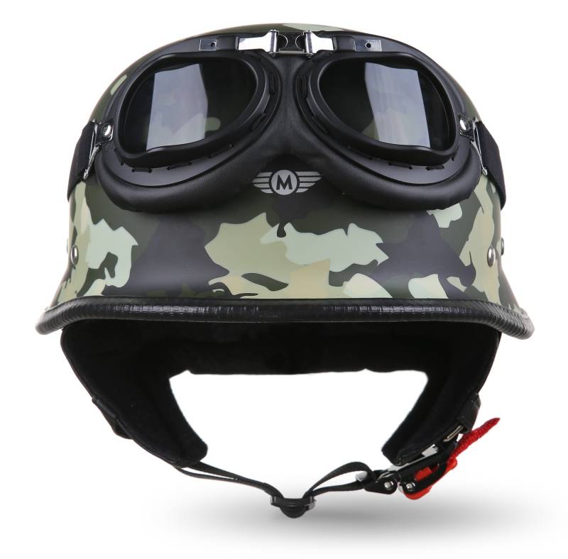 Moto Helmets® D33-Set „Army Woods“ · Brain-Cap · Halbschale Jet-Helm Motorrad-Helm Roller-Helm Scooter-Helm Bobber Mofa-Helm Chopper Retro Cruiser Vintage Pilot Biker Helmet Brille · M (57-58cm) von Moto Helmets