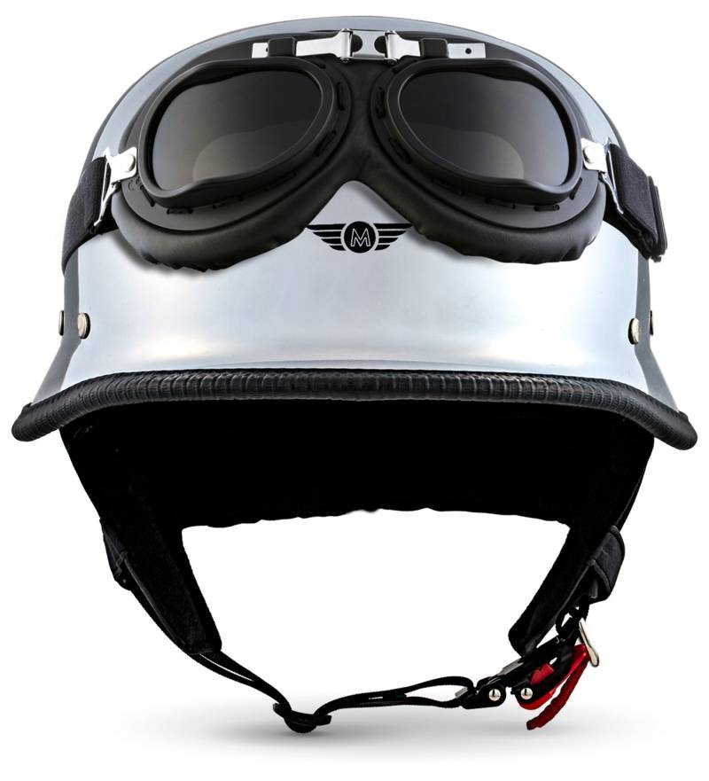 Moto Helmets® D33-Set „Chrome“ · Brain-Cap · Halbschale Jet-Helm Motorrad-Helm Roller-Helm Scooter-Helm Bobber Mofa-Helm Chopper Retro Cruiser Vintage Pilot Biker Helmet Brille Visier · XXL (63-64cm) von Moto Helmets