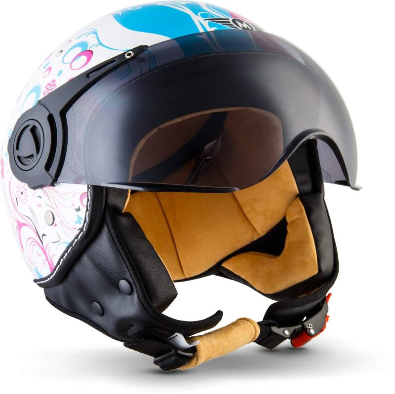 MOTO Helmets® H44 „Flower“ · Jet-Helm · Motorrad-Helm Roller-Helm Scooter-Helm Bobber Mofa-Helm Chopper Retro Cruiser Vintage Pilot Biker Helmet · ECE Visier Schnellverschluss Tasche XL (61-62cm) von Moto Helmets