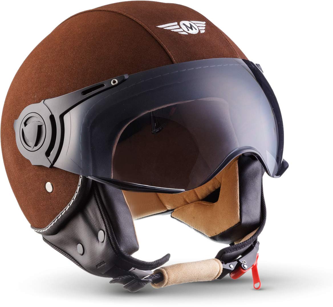 Moto Helmets® H44 „Leather Brown“ · Jet-Helm · Motorrad-Helm Roller-Helm Scooter-Helm Bobber Mofa-Helm Chopper Retro Cruiser Vintage Pilot Biker · ECE Visier Schnellverschluss Tasche XS (53-54cm) von Moto Helmets