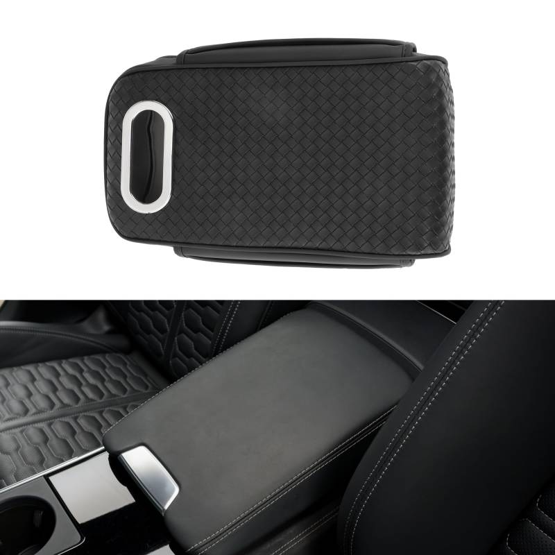 Motoforti Auto Mittelkonsole Abdeckung Mittelkonsole Kissen mit Taschentuchbox und Aufbewahrungstasche 12.99"x6.69"x3.15" Schwarz Nappa Leder von Motoforti