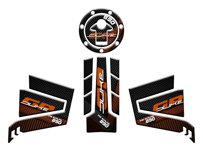 Tankschutz-Set, seitliche Schutzabdeckungen, Kappenschutz, geharzt, 3D-Effekt, kompatibel mit KTM Duke 890 GP The Scalpel (Orange v1) von Motorcycle