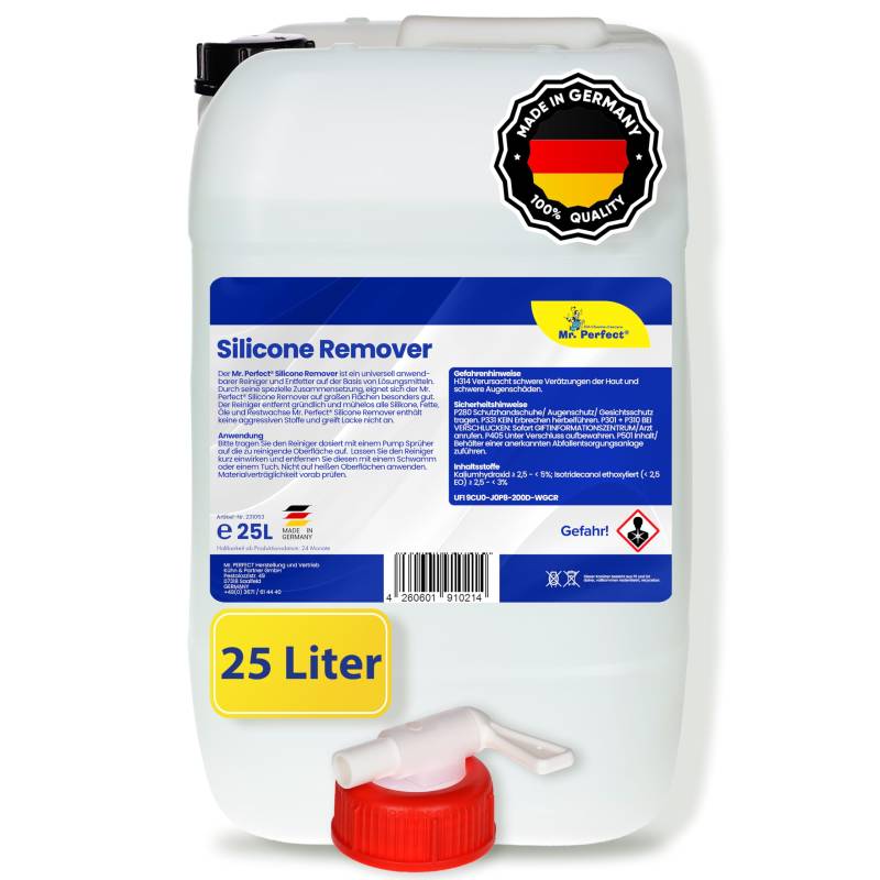 Mr. Perfect® - Silikonentferner 25l | Wachsentferner für Autolack| Der Silikonreiniger entfernt mühelos Fette, Öle & Silikon | Effektive Reinigung | Mit praktischem Dosierhahn von Mr. Perfect