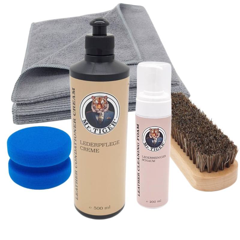Mr. TIGER Lederreiniger & -Pflege Set | Leder Schaum | Pflege Creme | Autoreinigung | inkl. Lederbürste + Applikator + 2X Mikrofasertücher von Mr. TIGER