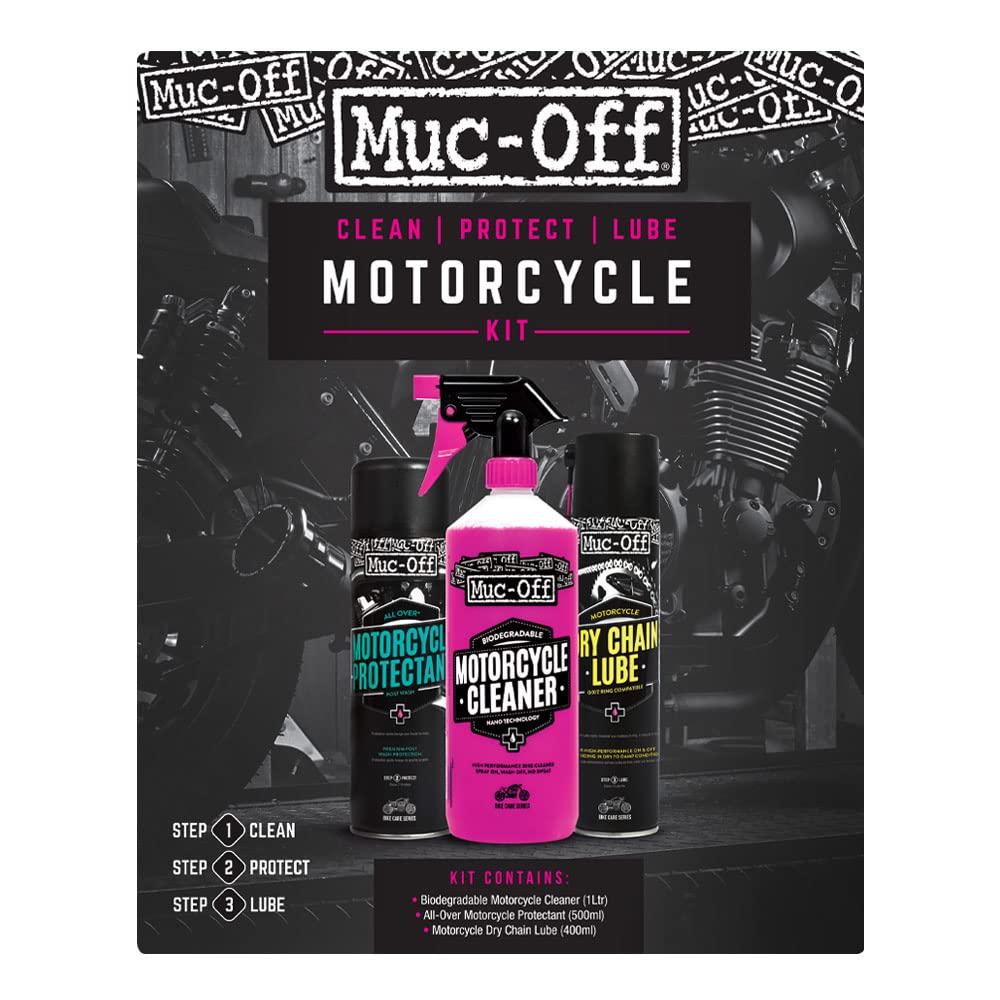 Muc-Off Clean, Protect & Lube Motorrad Pflegeset - Motorrad Zubehör zum Reinigen, Schützen und Ölen Ihres Motorrads – Mit Motorrad Reiniger, Motorradschutzmittel und Kettenöl von Muc-Off
