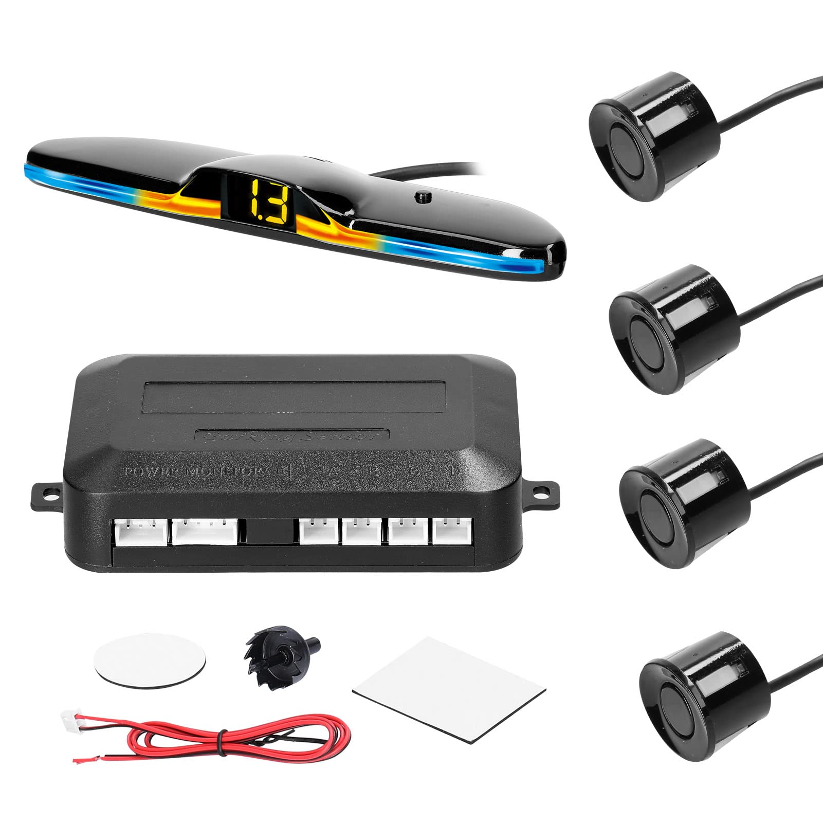 Mulcort Parksensor hinten Rückfahrradarsystem mit 4 Parksensoren Abstandserkennung LED-Licht Abstandsanzeige Warnsummer Mulcort Parksensor hinten Rückfahrradarsystem mit 4 Parksensoren Abstandserkennung LED-Licht Abstandsanzeige Warnsummer von Mulcort