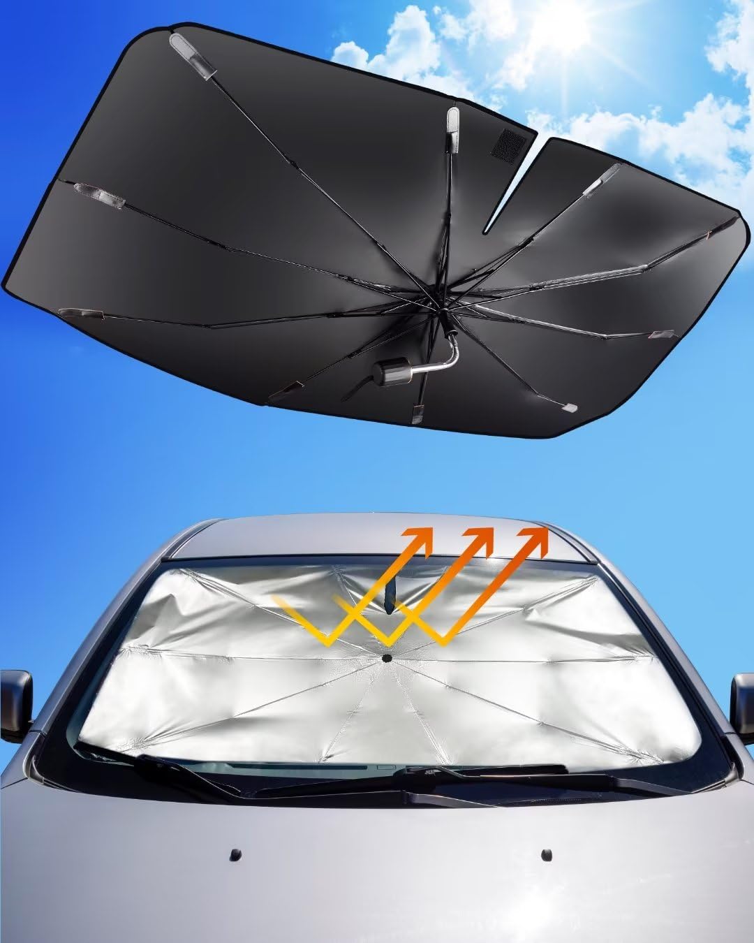 Mulor Auto Sonnenschutz Frontscheibe Zusammenklappbar Sonnenschirm Auto Biegsame Stützstange 360° drehbar von Mulor