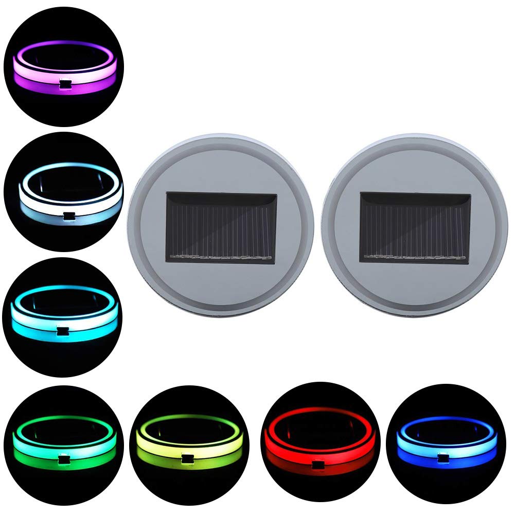 2 Stück solarbetriebene USB LED-Auto-Becherhalter-Matten-Auflage-Trinkflasche Deckel mit 7 Farben Built-in-Licht-Auto-Innendekoration von Mumusuki