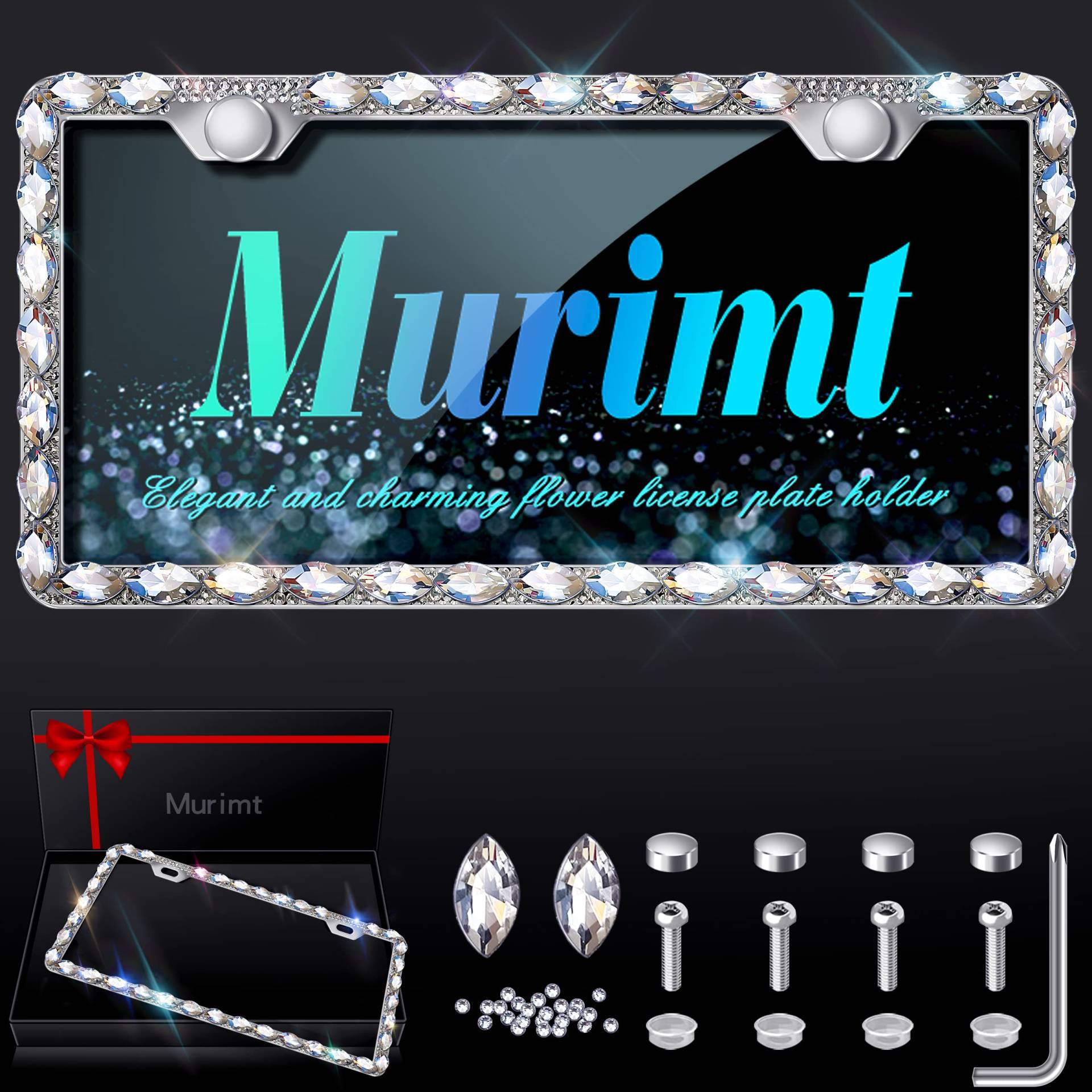 Murimt Bling Kennzeichenrahmen mit hochwertiger Geschenkbox, Strass-Kennzeichenhalter mit glitzernden Diamanten, handgefertigter Kristall, Premium-Edelstahl-Kennzeichenrahmen für Damen (weißer Murimt Bling Kennzeichenrahmen mit hochwertiger Geschenkbox, Strass-Kennzeichenhalter mit glitzernden Diamanten, handgefertigter Kristall, Premium-Edelstahl-Kennzeichenrahmen für Damen (weißer von Murimt