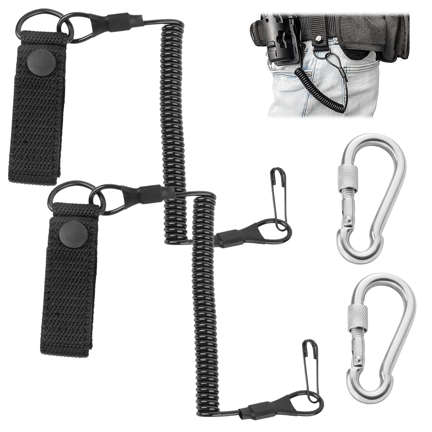 Tactical Lanyard Set, Inklusive 2 Elastische Spiralseile, 2 Karabinerhaken, Robust und Langlebig, Breites Einsatzspektrum, Geeignet für Outdoor, Camping, Jagd, Überleben (Schwarz) von MvysticCharvn