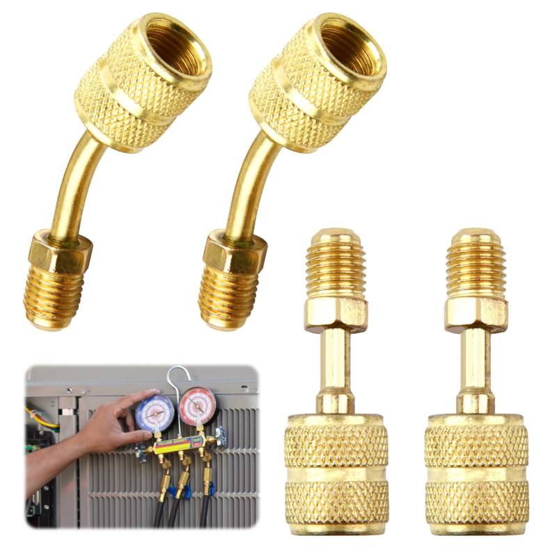 R410A Adapter 5/16" SAE Weiblich auf 1/4" SAE Männlich für Mini Split Adapter Fitting HVAC System, Messing Mini Connector Adapter,Messing Quick Couplers, 2 gerade Adapter + 2 abgewinkelte Adapter von MxyVrix