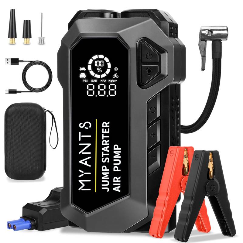 Q18 Starthilfe Powerbank mit 150PSI Kompressor, 4000A Auto Starthilfe Powerbank mit LED-Licht & Schnell-Ladung, 12V Booster Auto Starthilfe für bis zu 10.0L Benzin & 8.0L Diesel von MyAnts