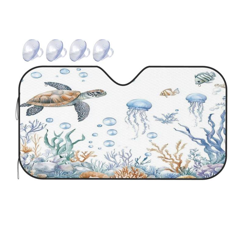 Aquarell-Schildkröte, Quallen, Auto-Sonnenschutz, faltbar, UV-reflektierender Sonnenschutz mit Blasen-Aluminiumfolie, passend für die meisten Autos, 130 x 70 cm von Myfsucce