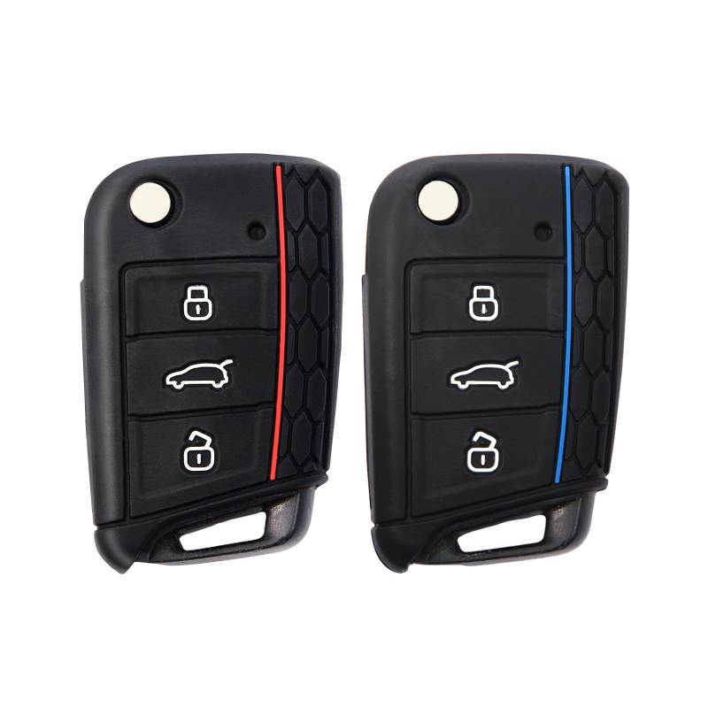 2 Stück Autoschlüssel Hülle, Schlüsselbox ,Autoschlüssel Schutzhülle kompatibel mit VW Golf 7、Polo、Tiguan、Skoda 3-Tasten Schlüsselhülle (Schwarz Rot + Schwarz Blau) von Mythosurge