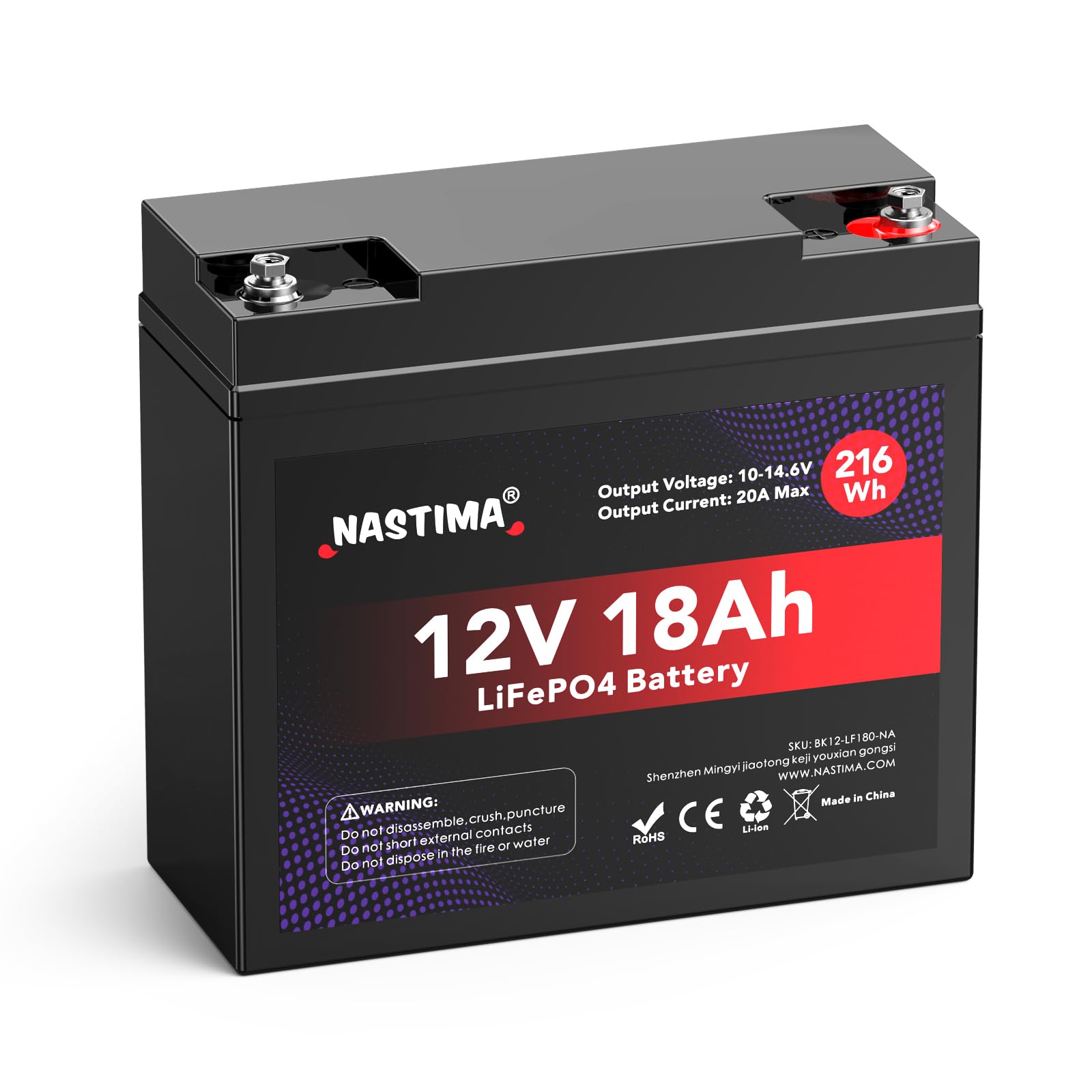 NASTIMA 12V 18Ah LiFePO4 216Wh Wiederaufladbare Batterie Mit BMS-Schutz und 4000 Deep-Cycle Wartungsfrei, Geeignet für Solarpanel-Kits, Kinderwagen, Wohnmobile, Boote, Camping, Fischfinder von NASTIMA