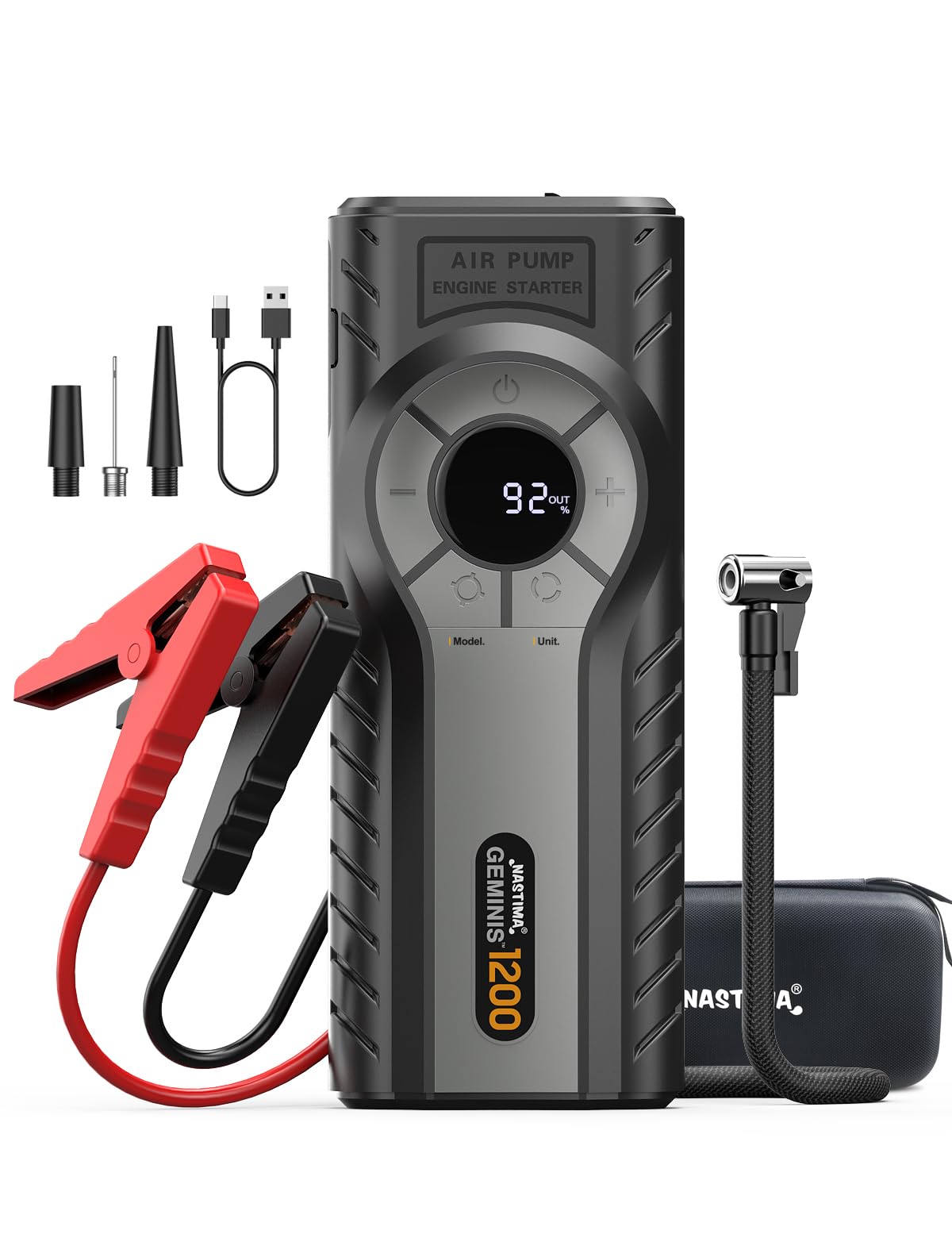 NASTIMA Starthilfe Powerbank mit Kompressor, Hohe Spitzenstrom Jump Starter PowerBank QC18W für 8L Benzin, 6L Diesel Motor, 4 in 1 Jump Starter mit Led-Taschenlampe,Smart Clip Cord,Aufbewahrungstasche NASTIMA Starthilfe Powerbank mit Kompressor, Hohe Spitzenstrom Jump Starter PowerBank QC18W für 8L Benzin, 6L Diesel Motor, 4 in 1 Jump Starter mit Led-Taschenlampe,Smart Clip Cord,Aufbewahrungstasche von NASTIMA