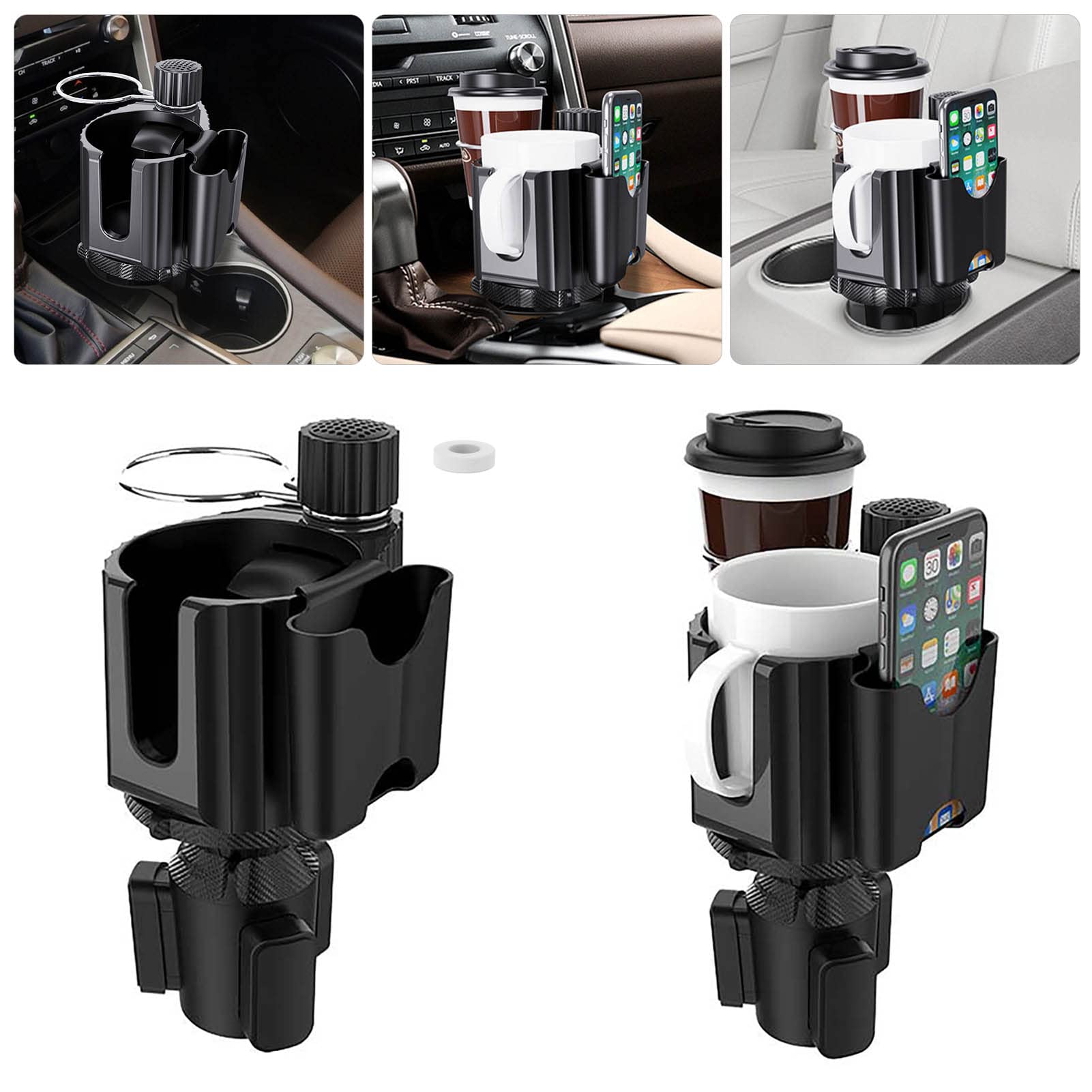 Auto Cup Halter Expander, 4 in 1 Multifunktionale Dual Cup Halter mit Telefon und Karte Slot/Aromatherapie Slot Einstellbare Basis 360° Rotation Auto Drink Halter für 2 Drink Flaschen, Kaffeeflaschen von NATGIC