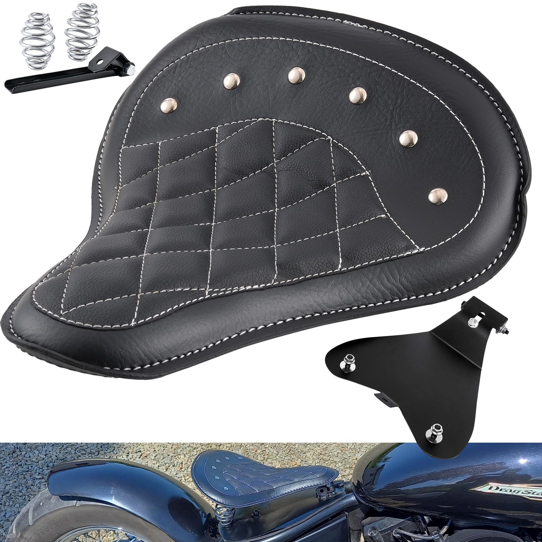 NATGIC Kunstleder Schwarz Motorrad Solo Sitzkissen Mit Heavy Duty Stahl Schwarz Grundplatte Basiskit für H-arley D-avidson Sportster - Rautenform NATGIC Kunstleder Schwarz Motorrad Solo Sitzkissen Mit Heavy Duty Stahl Schwarz Grundplatte Basiskit für H-arley D-avidson Sportster - Rautenform von NATGIC