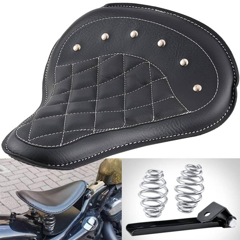 NATGIC Motorrad Fahrersitz Mit Federhalterung - Universal Leder Solositz Schwarz Rhombus Vordersitzkissen für H-Arley Sportster Bobber Chopper Custom von NATGIC