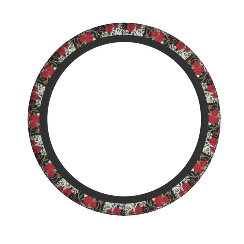 Elastischer Lenkradbezug mit Totenkopf und roter Rose, passend für die meisten Autos, SUVs, LKWs, stilvolles Innenzubehör von NBRIEU