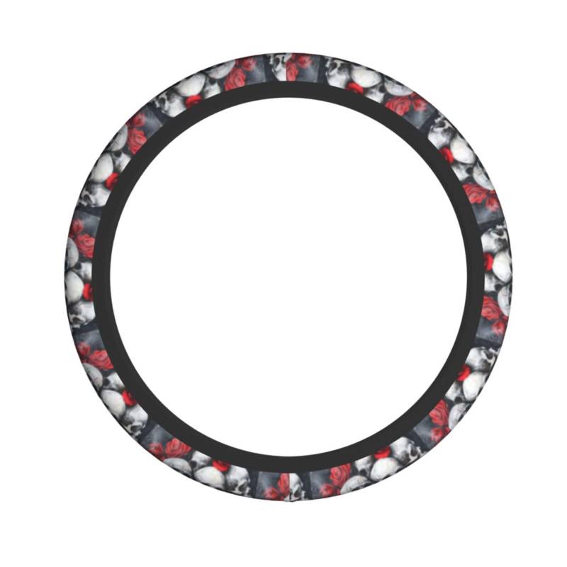 Elastischer Lenkradbezug mit Totenkopf und roter Rose, passend für die meisten Autos, SUVs, LKWs, stylisches Innenzubehör von NBRIEU