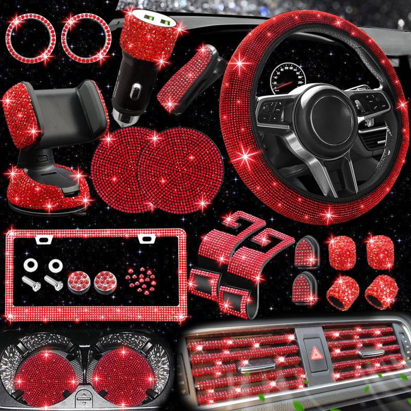 27 Stück Bling Auto Zubehör Set für Frauen, Bling Lenkradüberzüge Universal Fit 15 Zoll (rot) von NBTEPEM