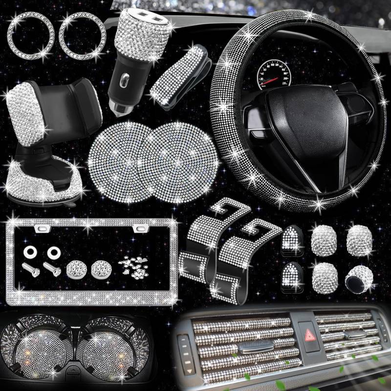 NBTEPEM 27-teiliges Bling Auto Zubehör Set für Frauen, Bling Lenkradabdeckungen Universal Fit 15 Zoll Bling Kennzeichenrahmen Bling Handyhalter Bling Auto Untersetzer (Silber Diamond) von NBTEPEM