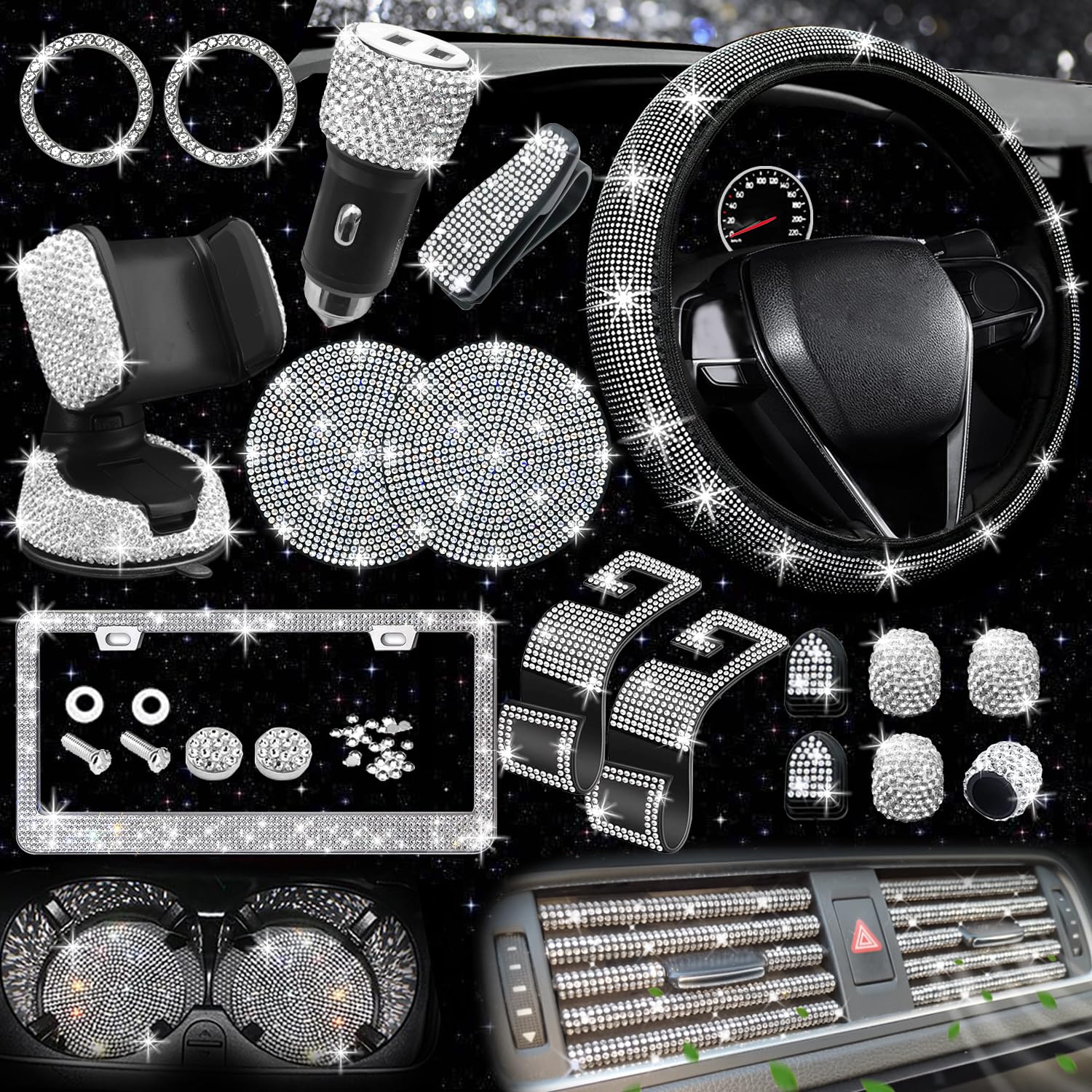 NBTEPEM 27-teiliges Bling Auto Zubehör Set für Frauen, Bling Lenkradabdeckungen Universal Fit 15 Zoll Bling Kennzeichenrahmen Bling Handyhalter Bling Auto Untersetzer (Silber Diamond) von NBTEPEM