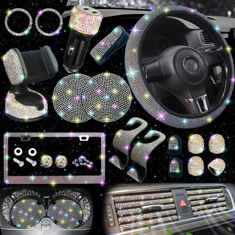NBTEPEM 27-teiliges buntes Diamant-Zubehör-Set – glitzernde Lenkradabdeckungen, Nummernschildrahmen, Handyhalter, Untersetzer für Damenautos, universell, 38,1 cm (15 Zoll) von NBTEPEM