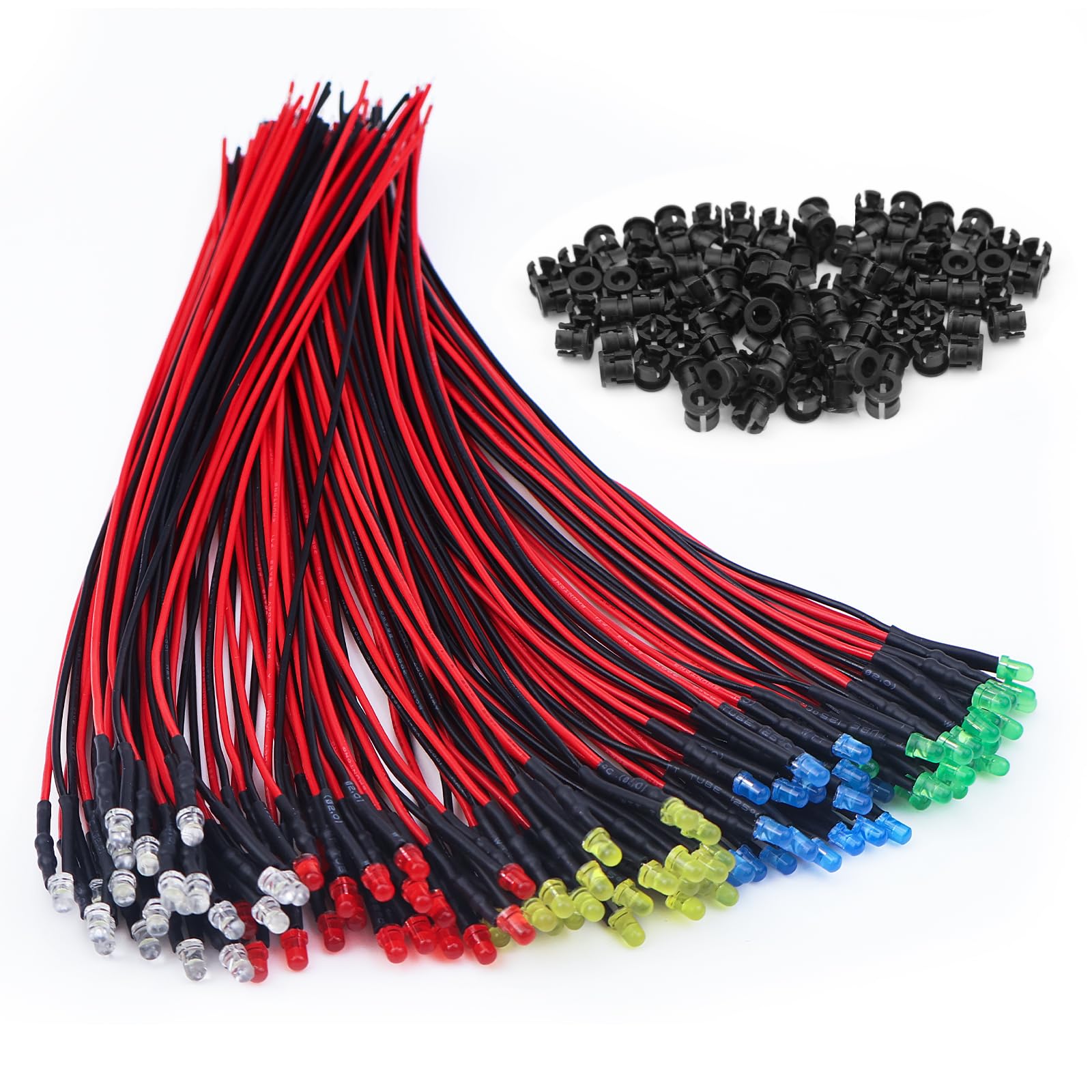 NCTNCX 100 Stück Vorverdrahtete LED Dioden Licht 12V 100 Stück 3mm LED Montageringe Plastik 3mm Leds mit 20cm Kabel (Rot, Gelb, Blau, Grün, Weiß, Jeder 20 Stück) von NCTNCX