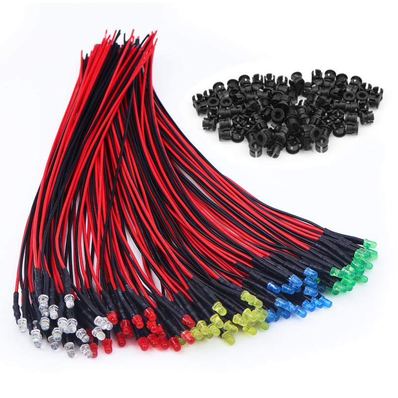 NCTNCX 100 Stück Vorverdrahtete LED Dioden Licht 12V 100 Stück 3mm LED Montageringe Plastik 3mm Leds mit 20cm Kabel (Rot, Gelb, Blau, Grün, Weiß, Jeder 20 Stück) von NCTNCX