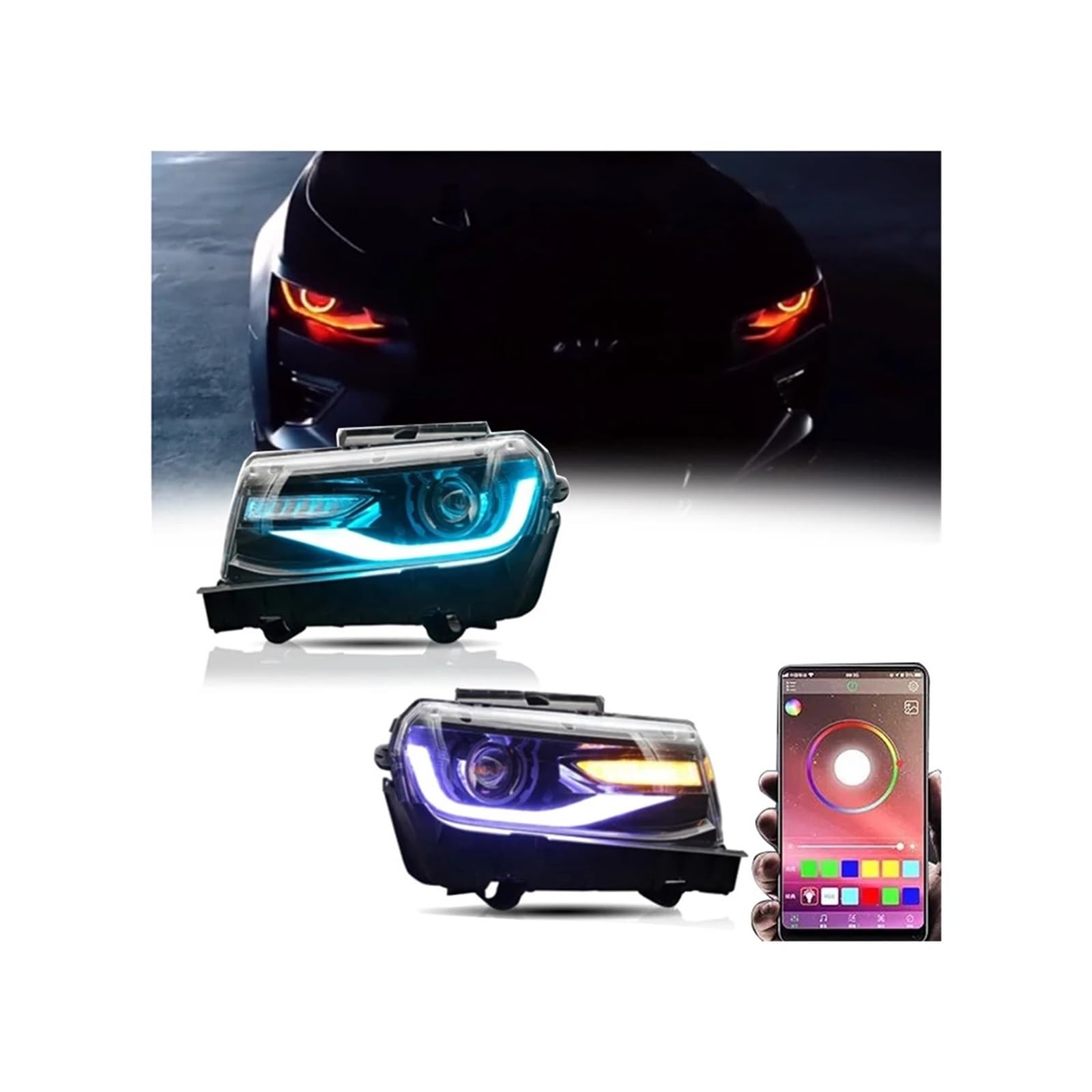 Autolichter Scheinwerfer Montage Frontlampe 2014-2015 5. Generation Sequentielle Blinker Scheinwerfer Kompatibel für Chevrolet Camaro Beleuchtung(RGB Style 2pcs) von NDCIMBPF
