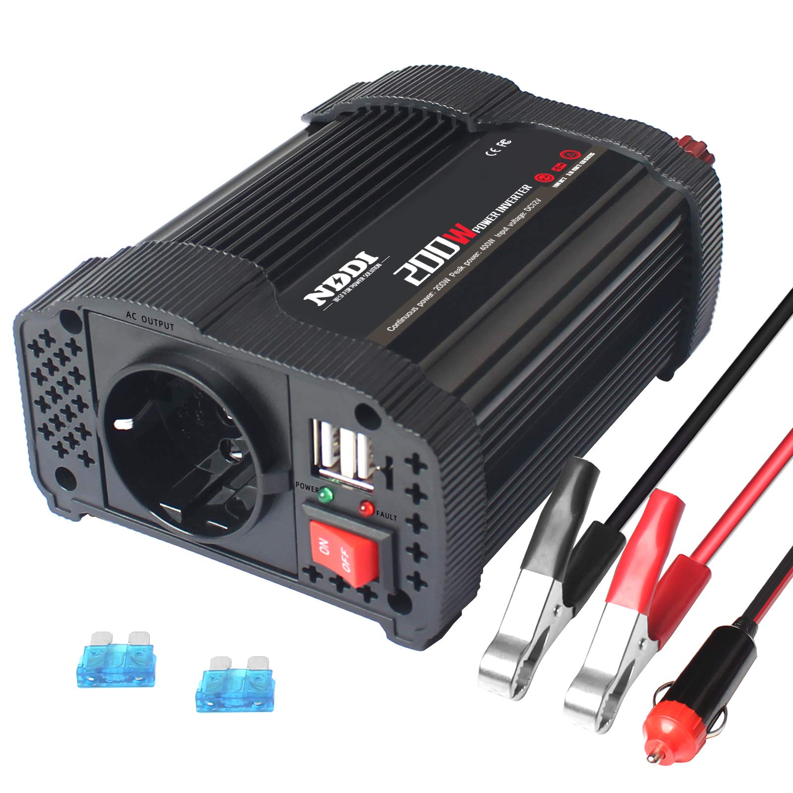NDDI 200W Car Wechselrichter, 12V DC auf 230V AC Spannungswandler mit Dual USB Autoladegerät und 1 AC Outlet Power Inverter für Auto NDDI 200W Car Wechselrichter, 12V DC auf 230V AC Spannungswandler mit Dual USB Autoladegerät und 1 AC Outlet Power Inverter für Auto von NDDI POWER
