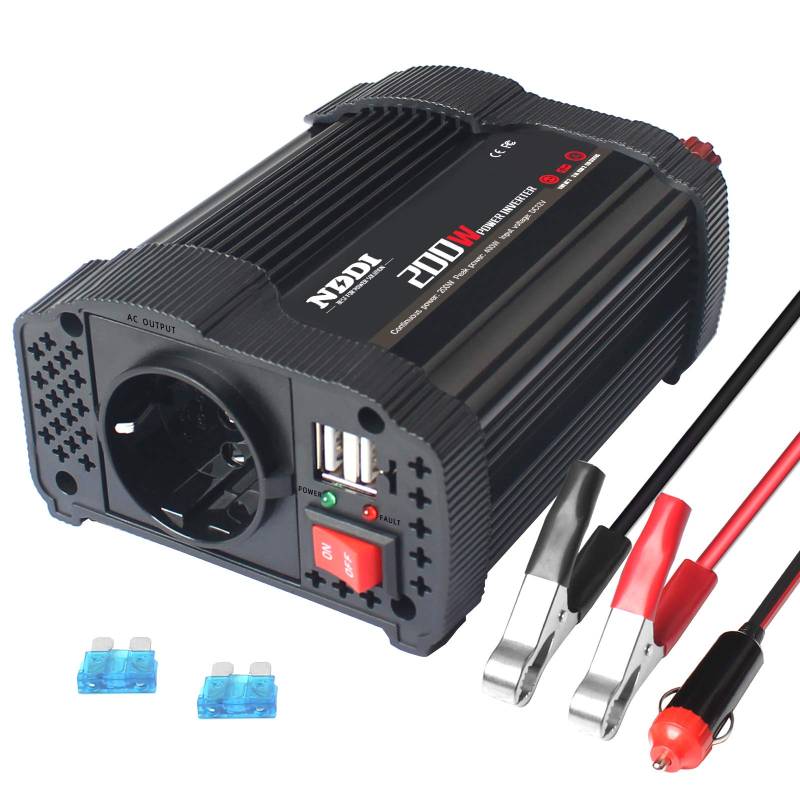 NDDI 200W Car Wechselrichter, 12V DC auf 230V AC Spannungswandler mit Dual USB Autoladegerät und 1 AC Outlet Power Inverter für Auto von NDDI POWER