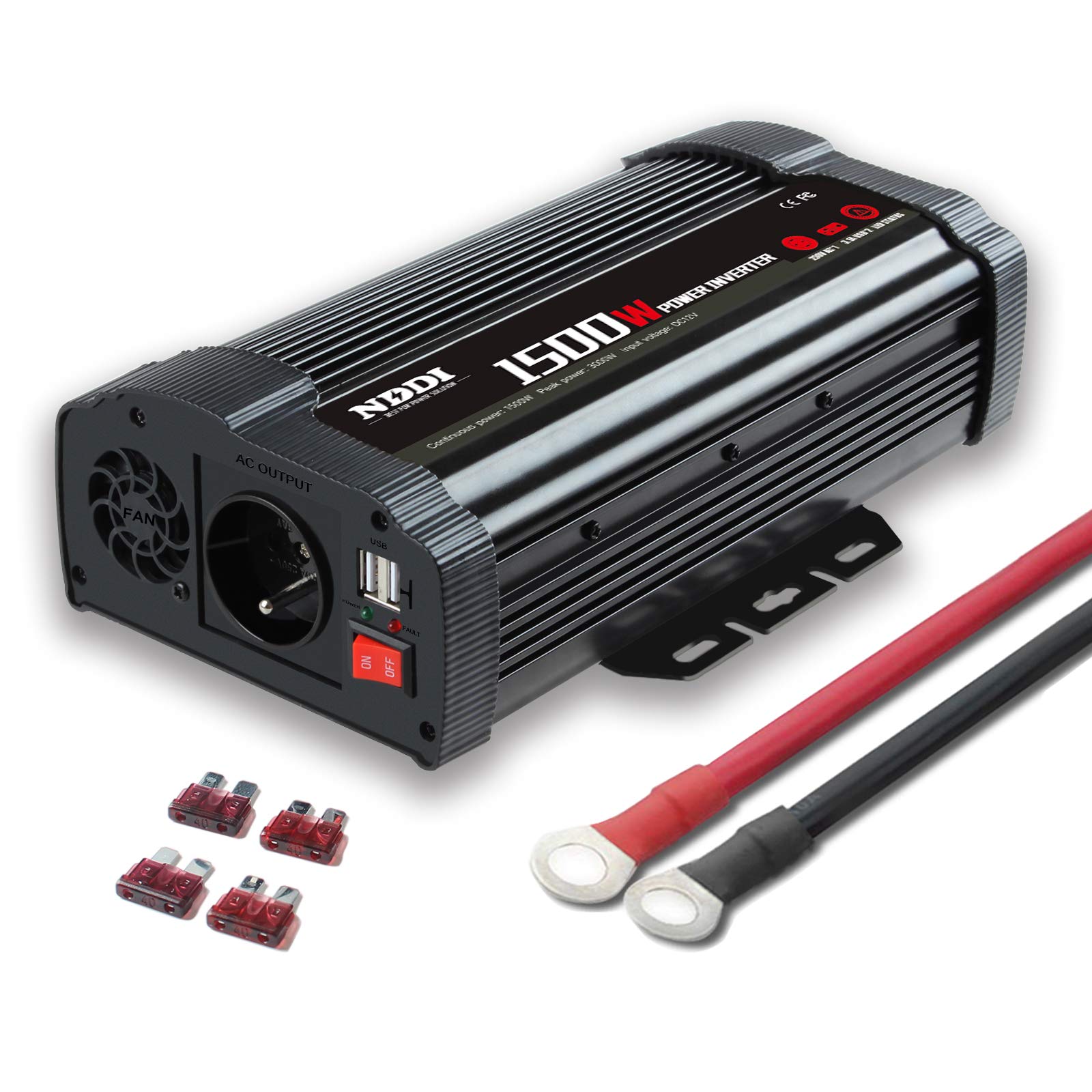 NDDI POWER 1500W Spannungswandler 12V auf 230V Stromumwandler mit 3.1A Dual USB-Anschluss, Autokonverter Wechselrichter für Auto, Wohnwagen, Camping, Laden von Handys, Laptops und Anderen Geräten von NDDI POWER