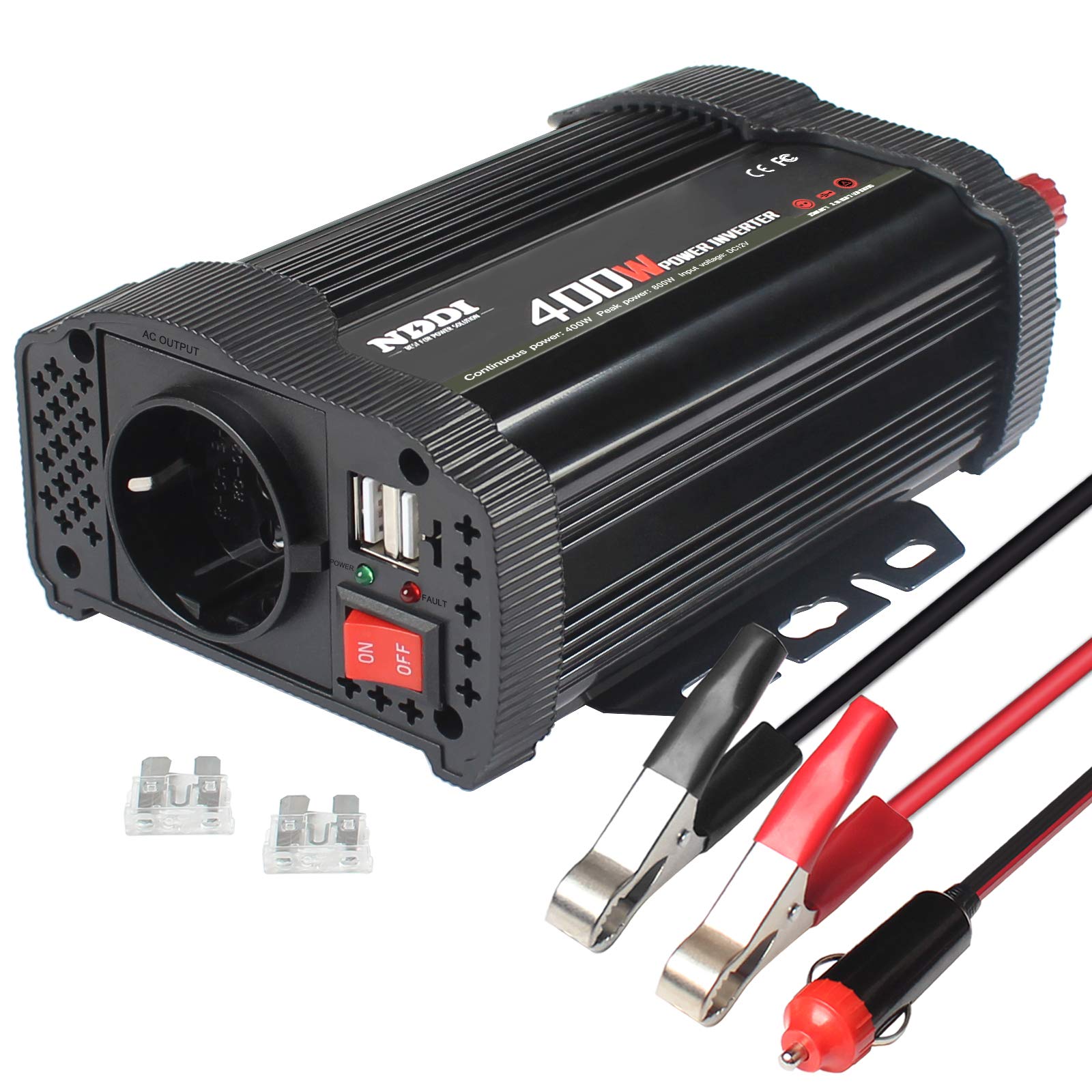 NDDI Wechselrichter 400W Auto Spannungswandler, 12V DC auf 230V AC Autokonverter Ladegerätadapter mit Zwei 3.1A USB Anschlüssen und Wechselstromsteckdosen Schnellladung von NDDI POWER