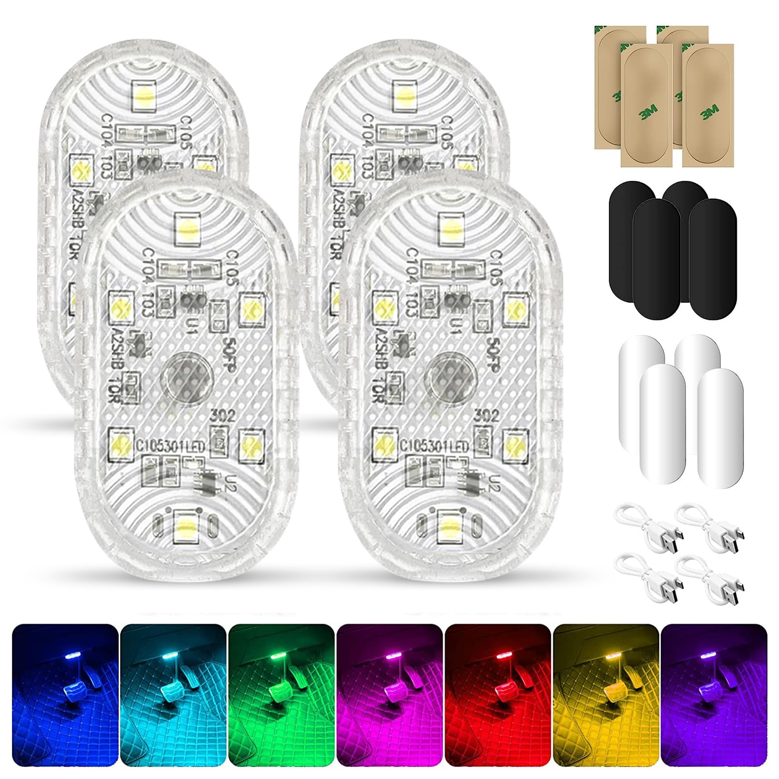 4 Stück Auto Led Innenbeleuchtung, Magnetisch LED USB Touch Licht RGB 7 Farben Einstellbar Innenraum Ambientebeleuchtung für Auto Wiederaufladbaren Mobilen Touch Auto Zubehör Innenraum Auto Nachtlicht von NEOVSUNY