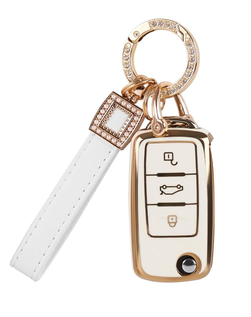 NETONDA Autoschlüssel Hülle für VW Polo, 3 Tasten Schlüsselschutz mit Schlüsselanhänger Kompatibel mit Volkswagen Golf 4/5/6 Tiguan Passat Multivan T5 Caddy Jetta Bora Superb Skoda - Weiß + Gold von NETONDA
