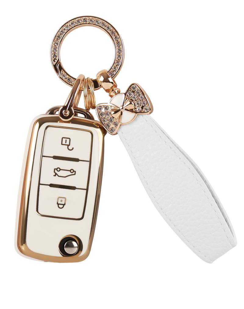 NETONDA Autoschlüssel Hülle für VW, 3 Tasten Schlüsselschutz mit Schlüsselanhänger Kompatibel mit Volkswagen Polo Golf 4/5/6 Tiguan Passat Multivan T5 Caddy Jetta Bora Superb Skoda - Weiß + Gold von NETONDA